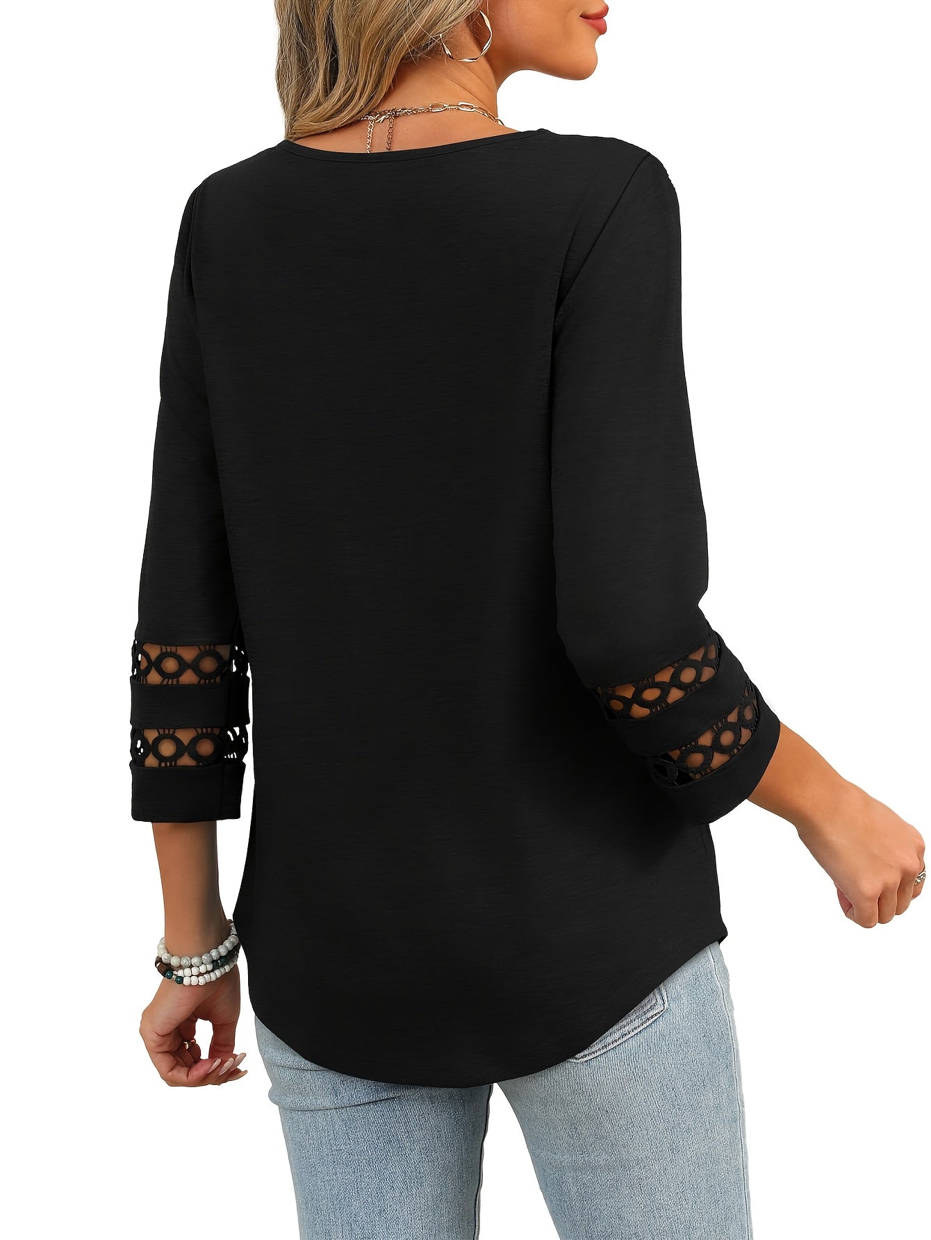 Three-piece Women'S 3/4 Long-sleeved Top, Fashionable Ladies' Casual Shirt, V-neck Lace Three-quarter Sleeve T-shirt