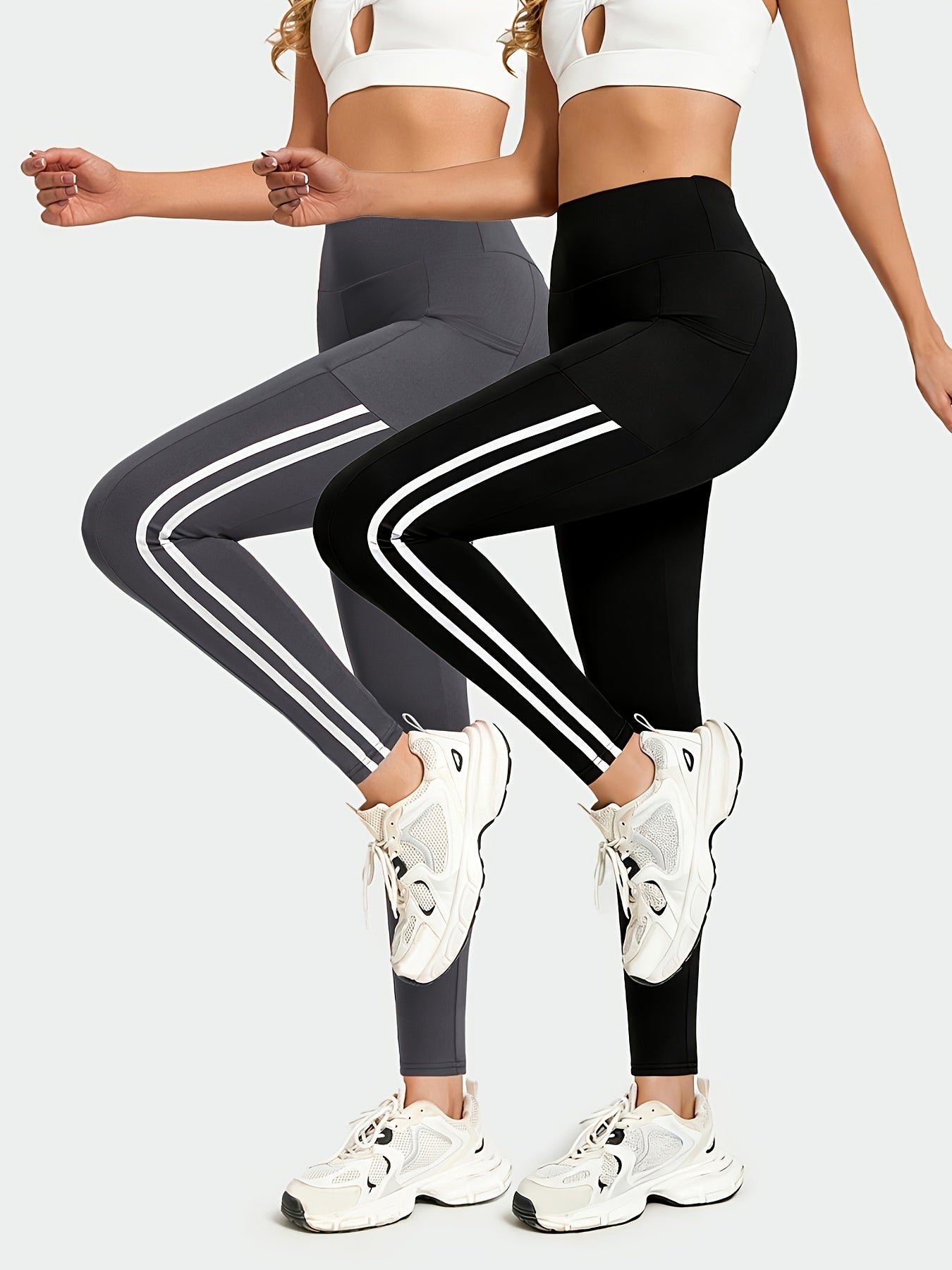 2pcs Set High-Waisted Yoga Leggings, Double-Stripe Design with Pockets, Ultra-Stretch, Comfortable & Machine Washable, Yoga & Fitness Workouts, All-Season Wear | Fashion Activewear | High-Stretch Fabric