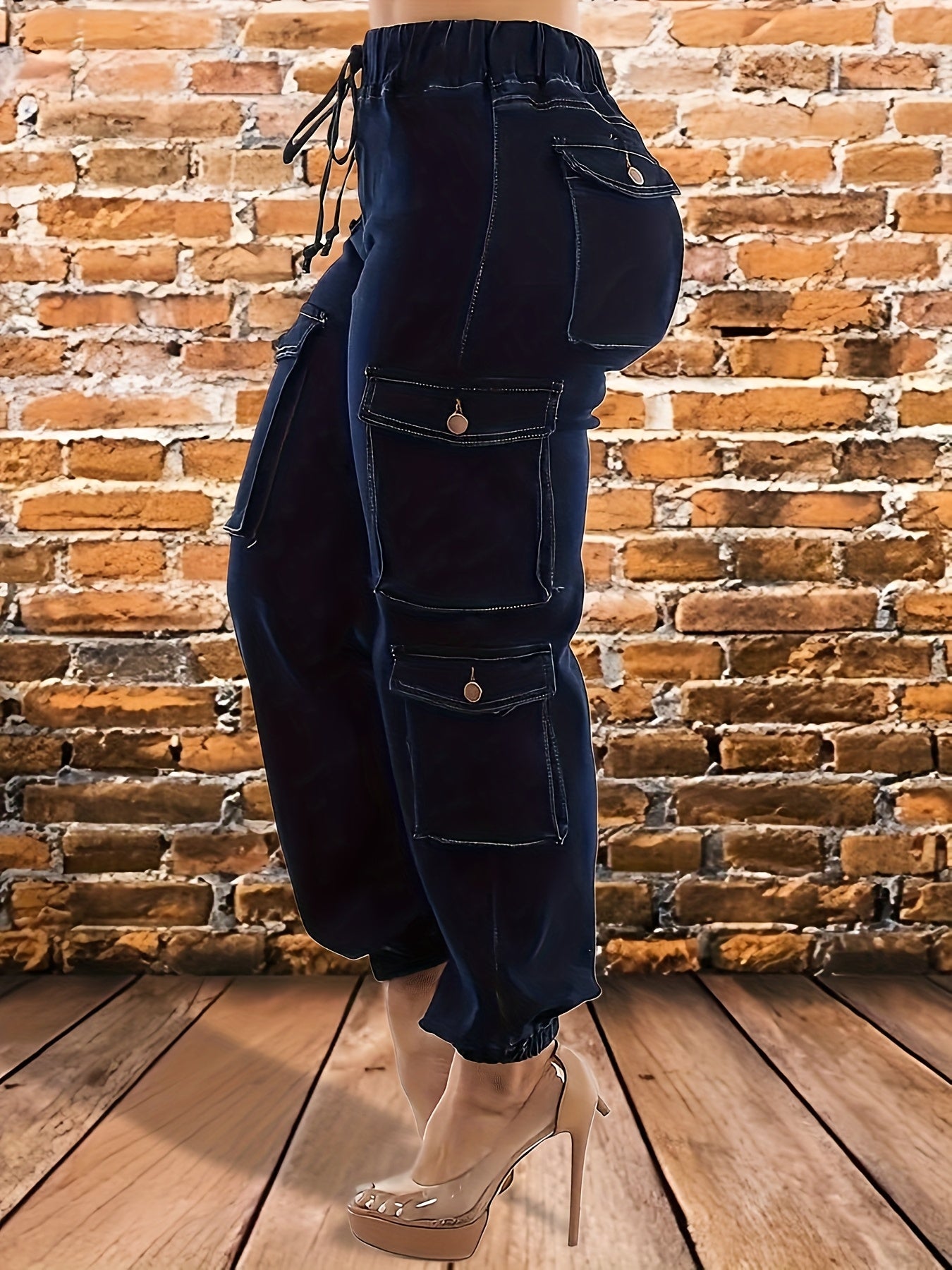 Women's Plus Size Dark Blue High Waisted Elastic Waistband Drawstring Tie with Multiple Pockets And Small Ankle Workwear Jeans, Suitable for Outdoor Play And Street Wear, Machine Washable, All Season, Shipped From Local Warehouse