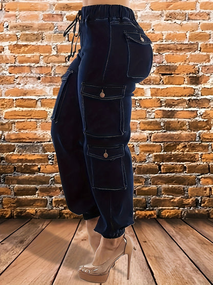 Women's Plus Size Dark Blue High Waisted Elastic Waistband Drawstring Tie with Multiple Pockets And Small Ankle Workwear Jeans, Suitable for Outdoor Play And Street Wear, Machine Washable, All Season, Shipped From Local Warehouse