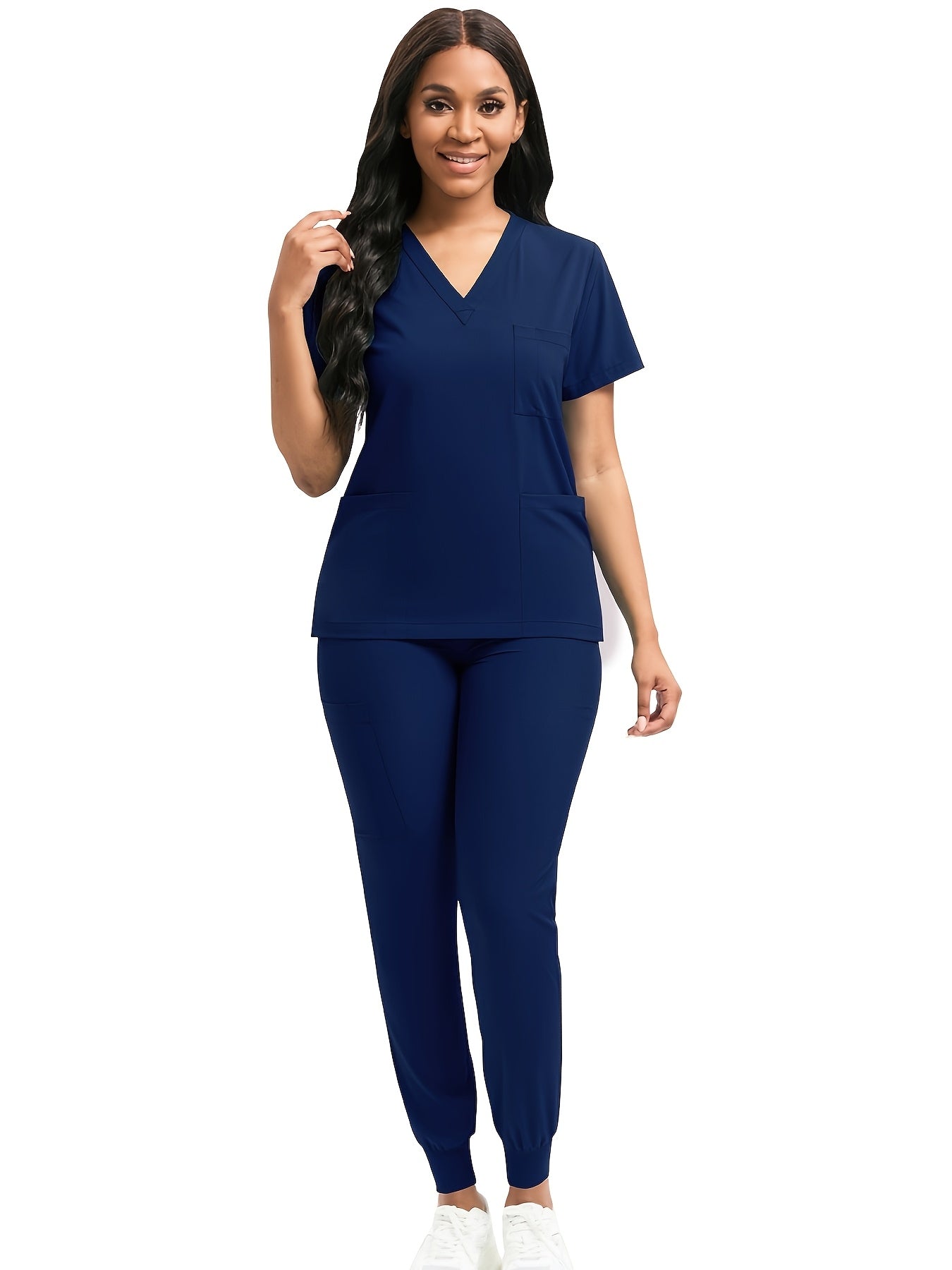 [Scrub Suit Set] Scrub Suit Set For Women Modern V-Neck Top T-Shirt & Tapered Leg Jogger Pants With Drawstring 2pcs Set Nursing Uniforms Set Suitable For Pet Hospitals, Dental Clinics, Nursing Work, Etc