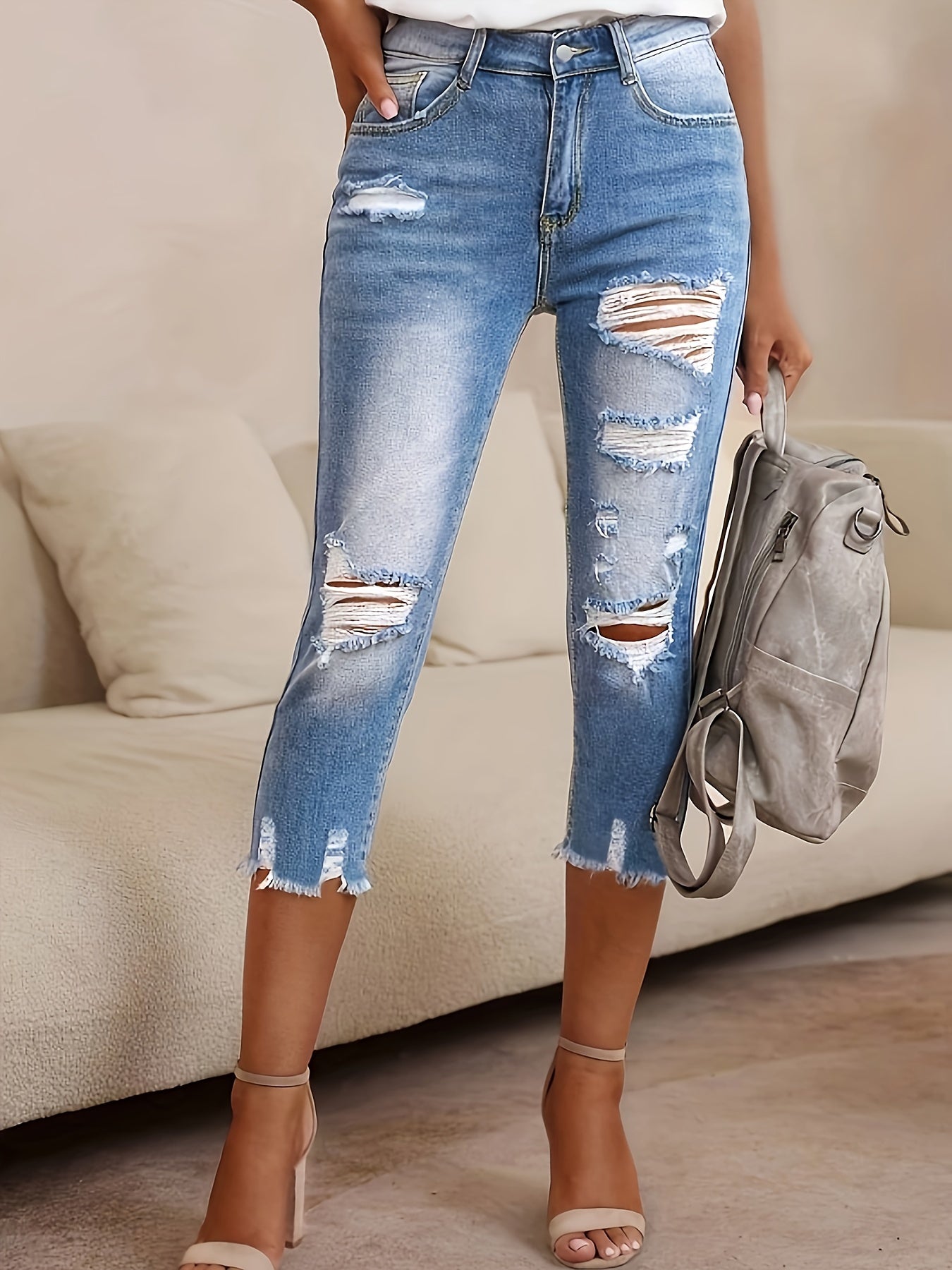 Women's High-Waisted Stretch Denim Capri Pants - Mid-Rise Slim Fit Straight-Leg Ripped Jeans with Distressed Details, Machine Washable Streetwear Style for All-Season Casual Wear