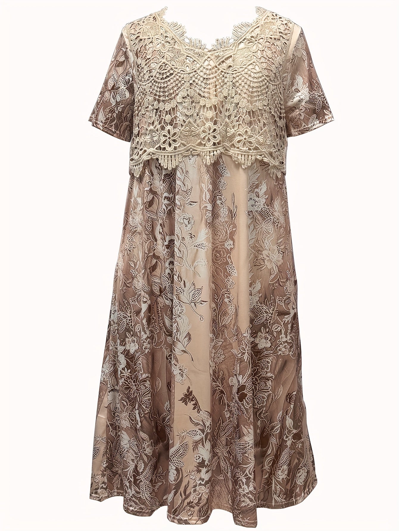 Plus Size Flower Print Midi Dress with Lace Neck and Short Sleeve