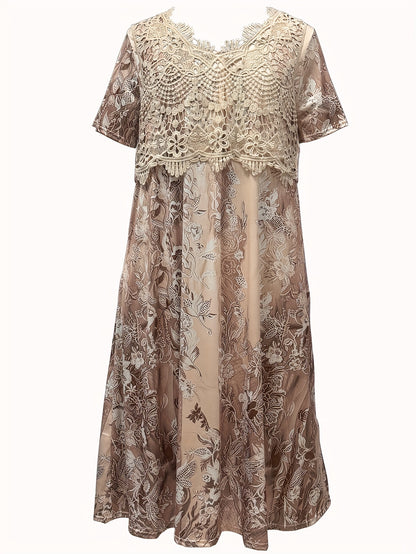 Plus Size Flower Print Midi Dress with Lace Neck and Short Sleeve