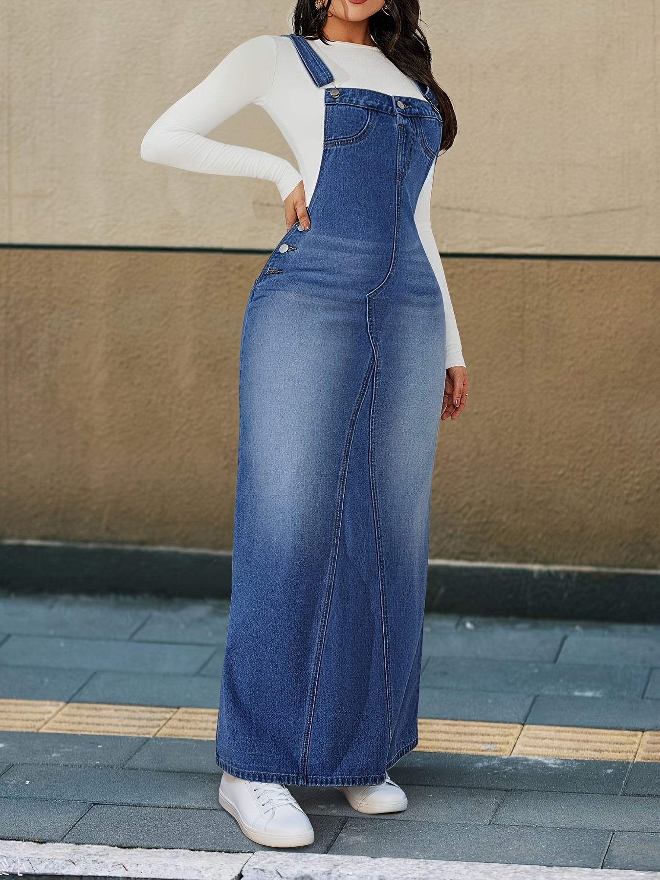 [Durable Denim Dress] Durable Denim Dress - Women's Non-Stretch Loose Fit Long Skirt with Detachable Strap, Multiple Buttons for Easy Closure, Everyday to Formal Outfits - Casual Chic Outwear, Versatile Outfit Option