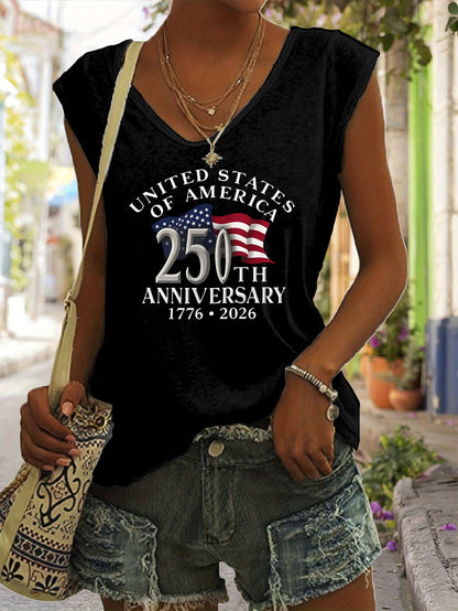 Plus Size, Plus Size Casual Vneck Sleeveless White Tshirt with American Flag 250th Anniversary Print, Perfect for Home, Outdoors, or Gifting| Ideal for Valentine's Day, and More