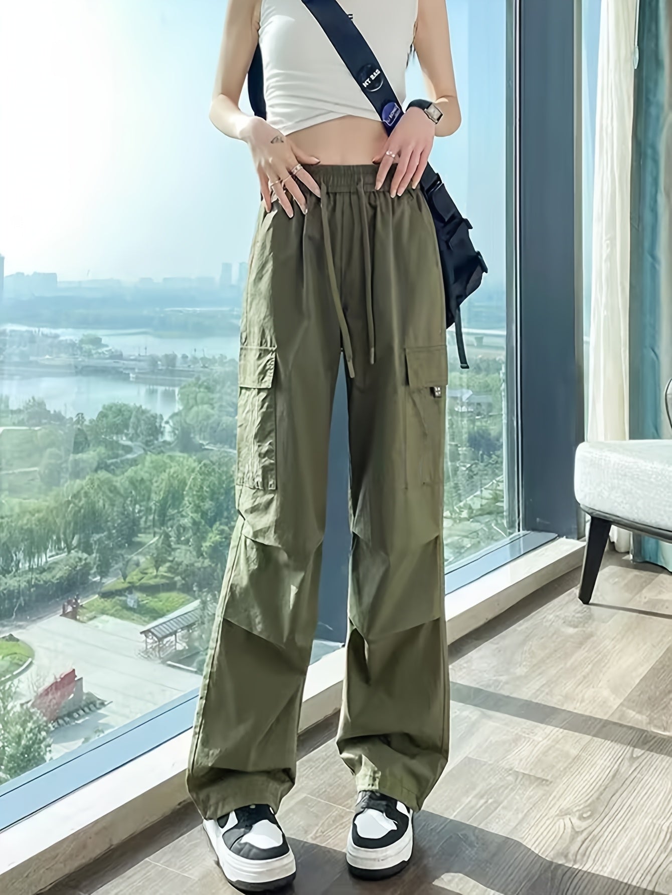 Women&Apos;S Olive Green Cargo Pants - Casual Flap Pockets, Wide-Leg Design, Machine Washable, Spring/Fall Versatile Trousers for Casual Attire, Spring Fall Attire | Relaxed Fit Pants | Nonelastic Fabric
