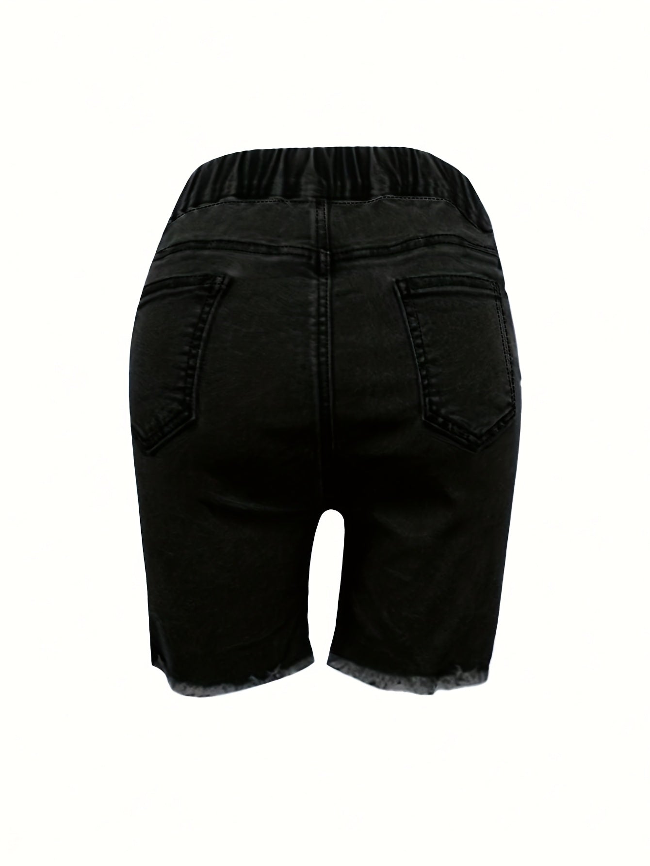 Ladies' Fashionable Ripped Denim Shorts, Mid Waist Straight Leg Pants, Waist Drawstring Design, Frayed Edges with Pockets, Summer Casual Wear