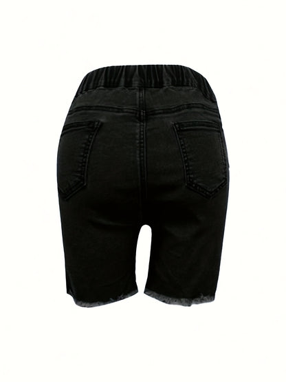 Ladies' Fashionable Ripped Denim Shorts, Mid Waist Straight Leg Pants, Waist Drawstring Design, Frayed Edges with Pockets, Summer Casual Wear