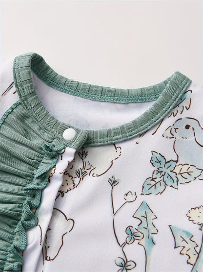 KuKitty Newborn Baby Girl Romper Long Sleeve Solid Color Rabbit Print Jumpsuit Infant Girls 2 Pack Outfit
