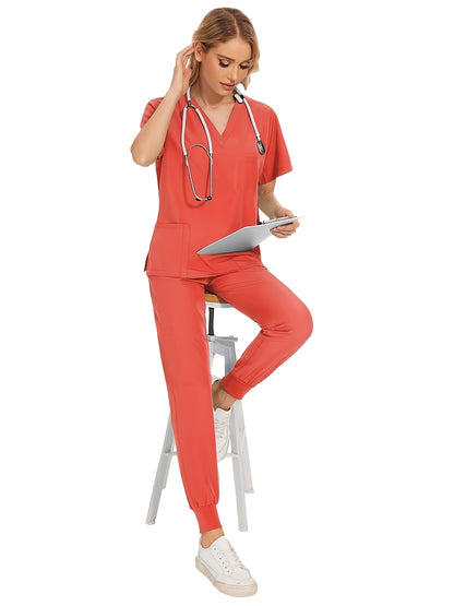 [Scrub Suit Set] Scrub Suit Set For Women Modern V-Neck Top T-Shirt & Tapered Leg Jogger Pants With Drawstring 2pcs Set Nursing Uniforms Set Suitable For Pet Hospitals, Dental Clinics, Nursing Work, Etc
