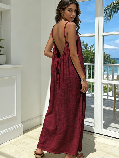 Women'S Solid Color Open Back Tie Loose Casual Maxi Slip Dress