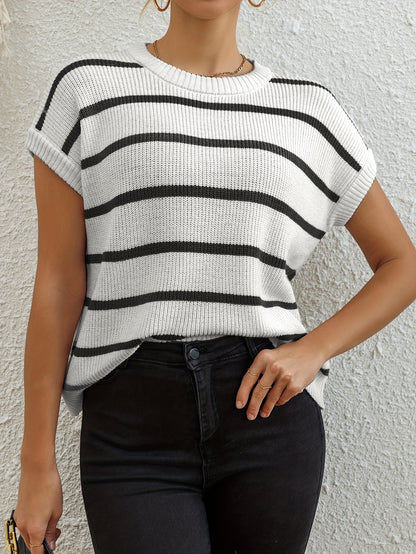 Women's Elegant Pullover Sweater - Black & White Horizontal Stripe Top, All-Season Loose Fit Shirt for Casual, Formal, Party Outfits - Easy-Care Everyday Chic Women's Clothing, Casual Wear, Classic Stripes, Quality Stitching, Stylish Blouse, Casual Dresse