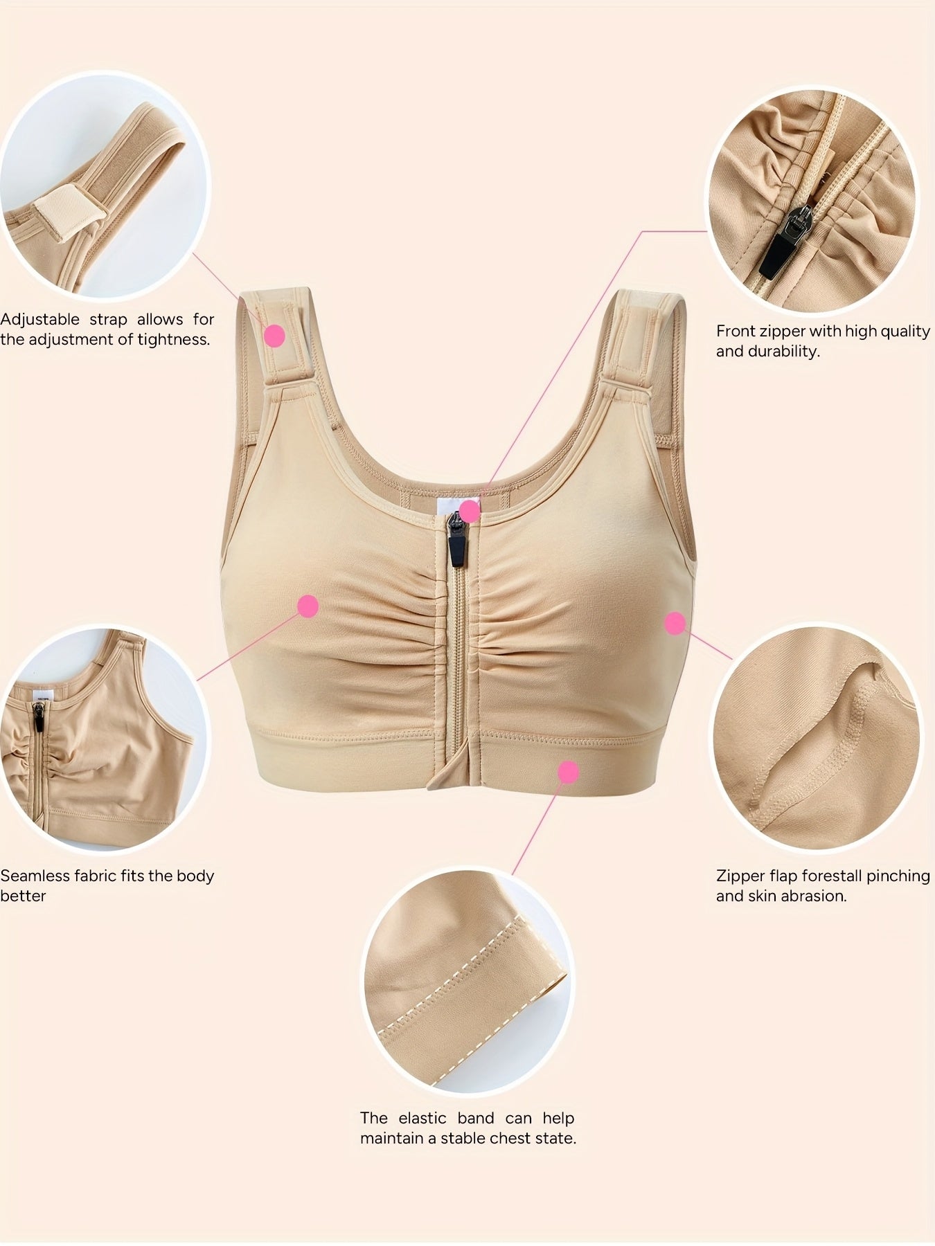 New Style Zip Front Closure Everyday Bra for Women Post Surgery Compression Support with Adjustable Straps Wirefree Wireless Full Coverage Comfort Everyday 84%Cotton 16%spandex Suitable for Post-surgery And Daily Out-of-home Exercise Yoga