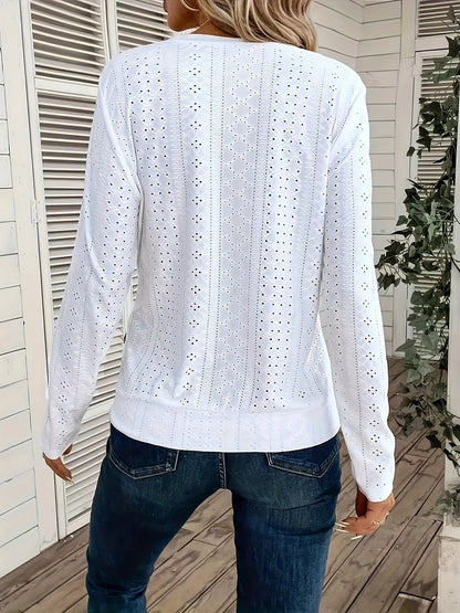 Chic Long-Sleeved Crew Neck Tee - Made from Soft Elastic, Featuring Faux Button Details, Machine Washable, Solid Hue, Length, Ideal for Spring And Autumn - Women'S Fashion Apparel