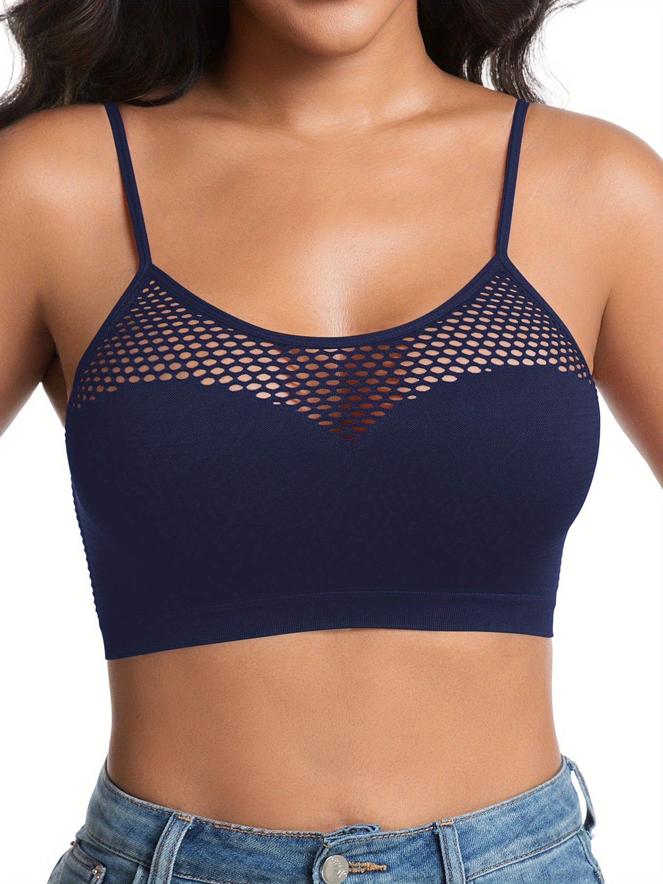 Set of 5 Colorful Women'S Casual Sports Bras, Designed Without Wires Or Padding for Daily Use, Showcasing an Alluring Fishnet Pattern That Accentuates The Bust, a Lovely Back, And Adjustable Straps