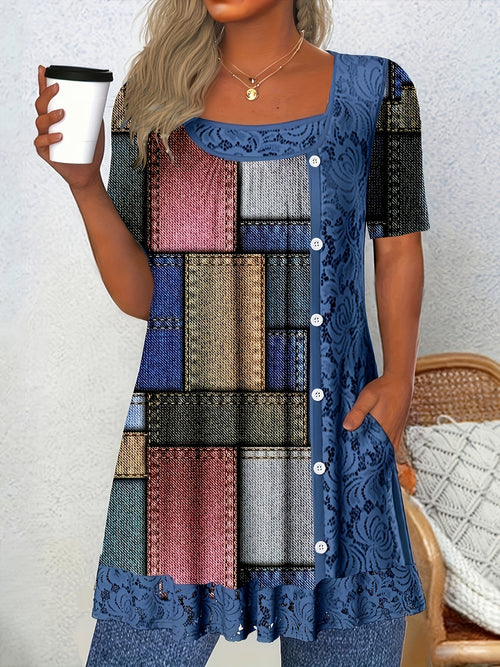 Plus Size, Women's Lace Patchwork Plaid Print Top with Pockets - Spring And Summer Versatile U-neck Button Short-sleeved Elegant Top, Polyester Material Is Soft And Comfortable, Suitable for Casual Travel And Formal Occasions, Women's Clothing