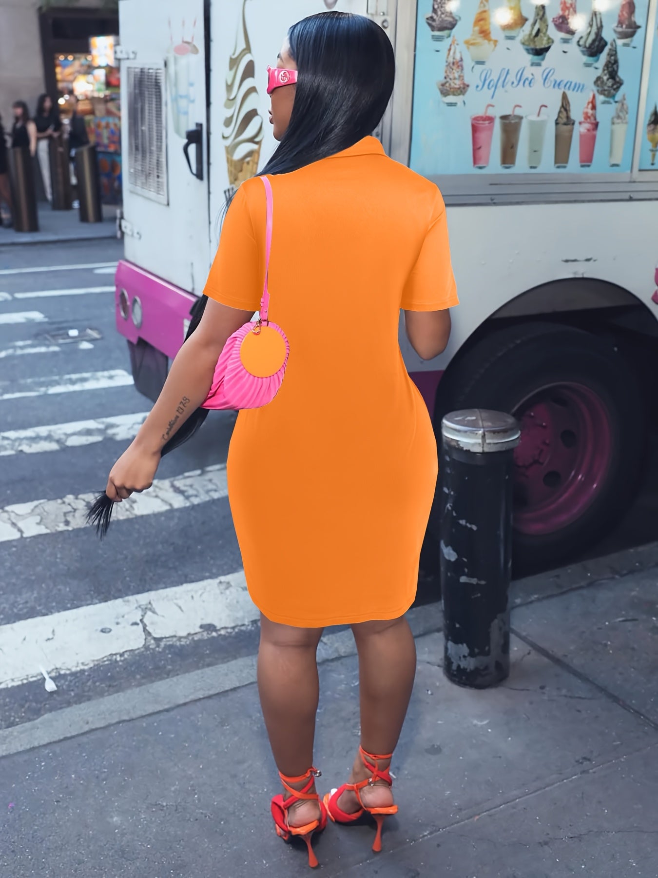 Plus Size - Plus Size - Solid Color Midi Dress with Lapel for Plus Sizes