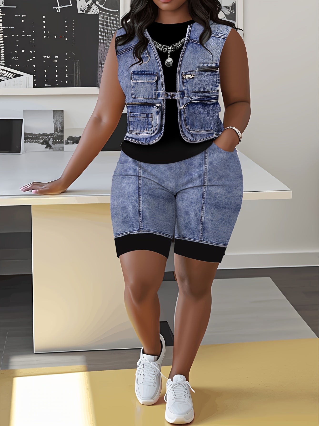 [Printed Pants - Not Denim Fabric] [Denim Print/ Denim Imitation]Women's Full-body Denim Imitation Print Two-piece Set. Loose Casual Sleeveless Top with Fitted Shorts. Round Neck Loose Top + Tight Shorts Set.