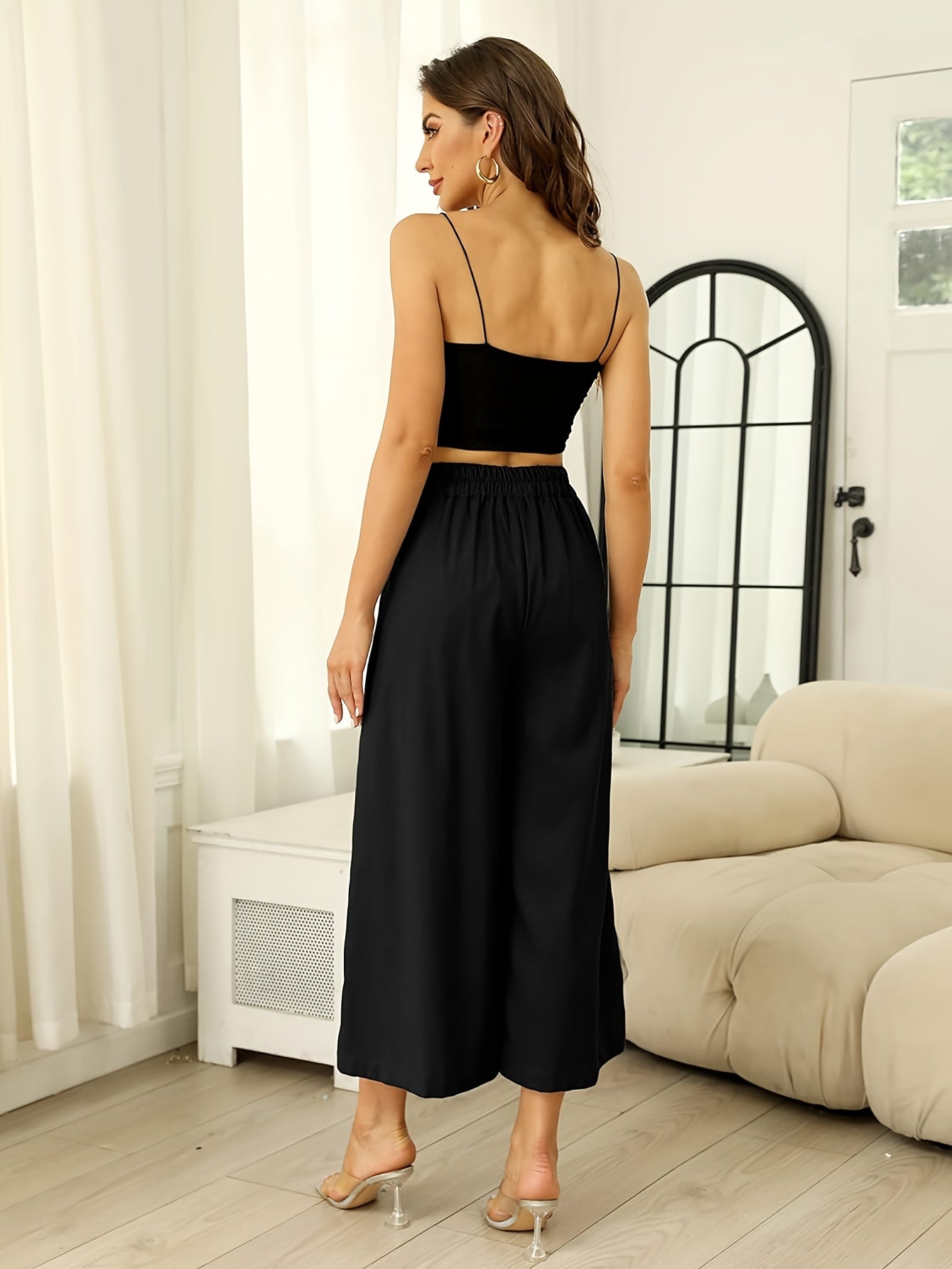 Women' Boho Linen Palazzo Wide Leg Pants - Elastic Capri Trousers with, 7/8 Length Culottes Suitable for Spring Summer Fall, Casual Solid Color Elastic Pants for Outfits & Casual Attire