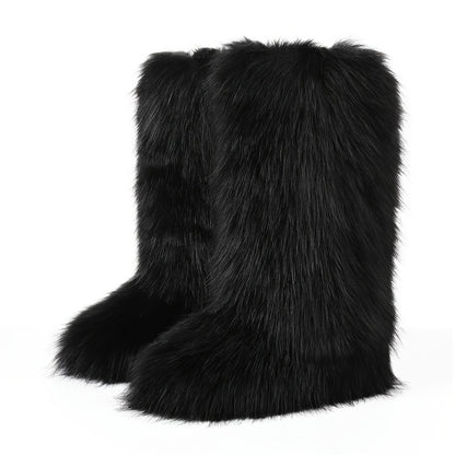 Women's Furry Fluffy Boot Faux Fur Long Snow Boot Knee High Boots Warm Comfortable Outdoor Flat Shoes, Women Shoes