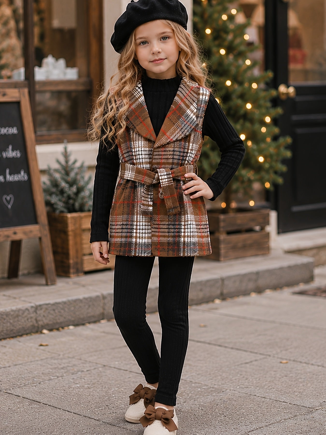 4pcs Girls' Autumn/Winter Set: Black Ribbed High-Neck Long-Sleeve Top, Black Pants, Brown Plaid Jacket with Belt - Elegant and Stylish Outfit, Perfect for Outdoor