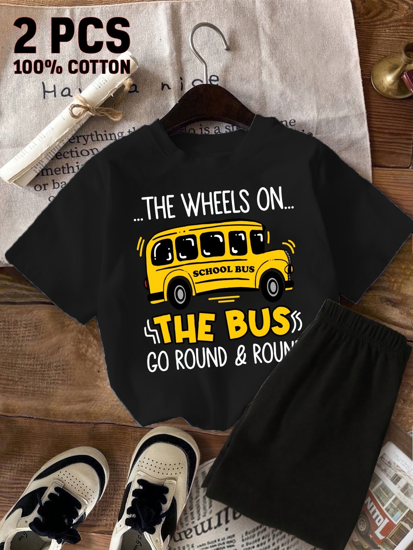 2pcs New Summer Girl The Wheels On The Bus Go Round And Round Short Sleeved 100% T-Shirt and Shorts 2pcs Set Perfect for Outdoor