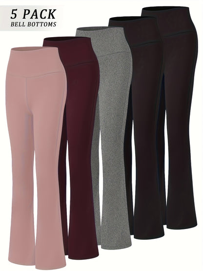 5-Pack Women's High Waisted Flare Bell Bottom Yoga Pants - Tummy Full-Length Leggings (Suitable for Yoga, Gym, Dance) | Soft Bootleg Wide- Pants with Tummy, 2 Colors, Year-Round Wear