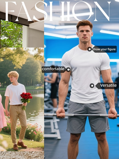 5pcs Men's Sports Compression Quick-Drying Short-Sleeve T-Shirts, Moisture-Absorbing And Sweat-Wicking, Breathable, Comfortable, Versatile, Ideal for Exercise, Running, Fitness, And Daily Casual Wear