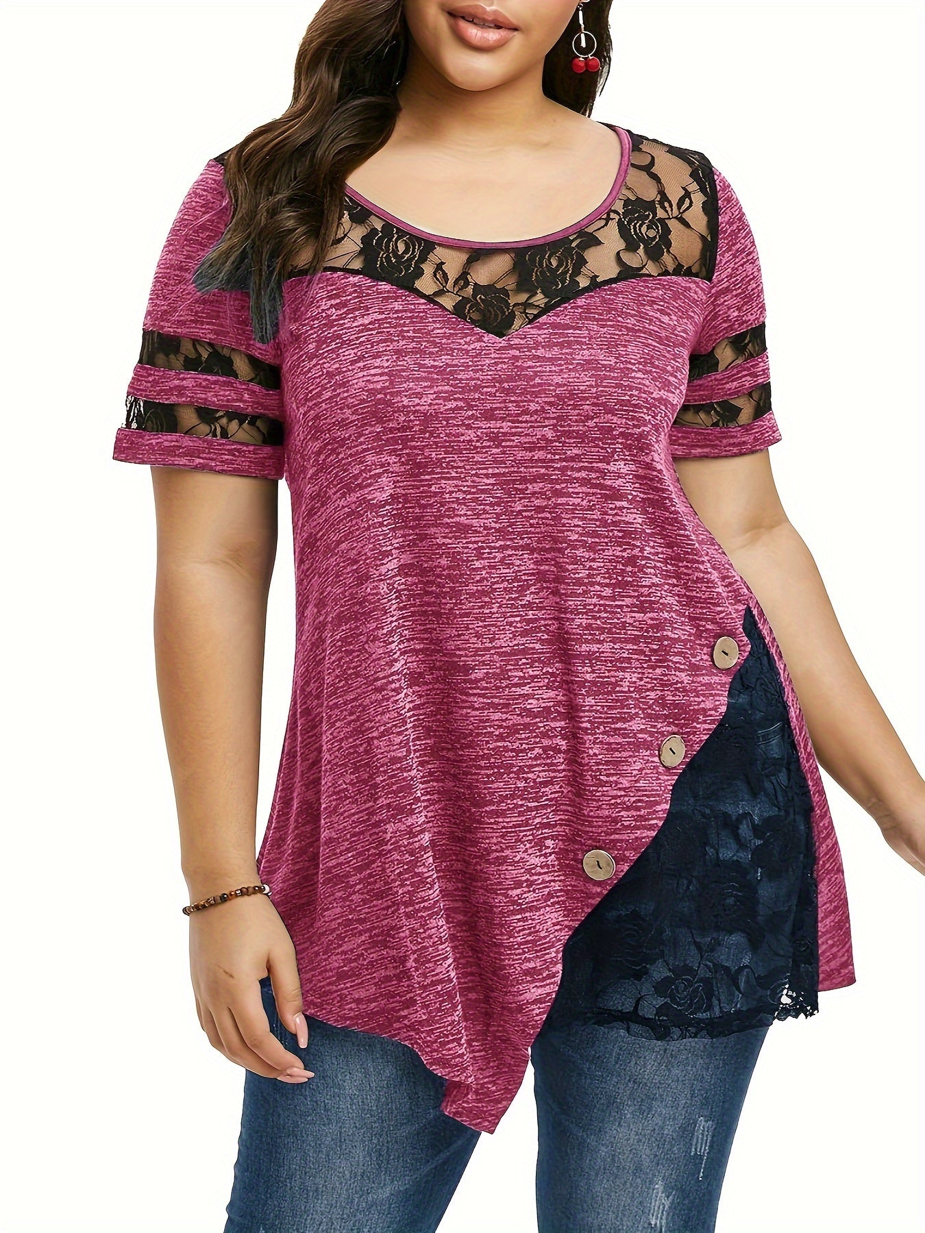 Plus Size - Plus Size - Women'S Plus Size Lace Trim Blouse Tops, Flattering V-Neck Tunic Shirt, Casual Dressy Elegant Tops, Flowy Tunic Top with Lace Sleeves, Comfort Stretch Blouse for Women, Loose Fit Shirt, Sizes XL-5X