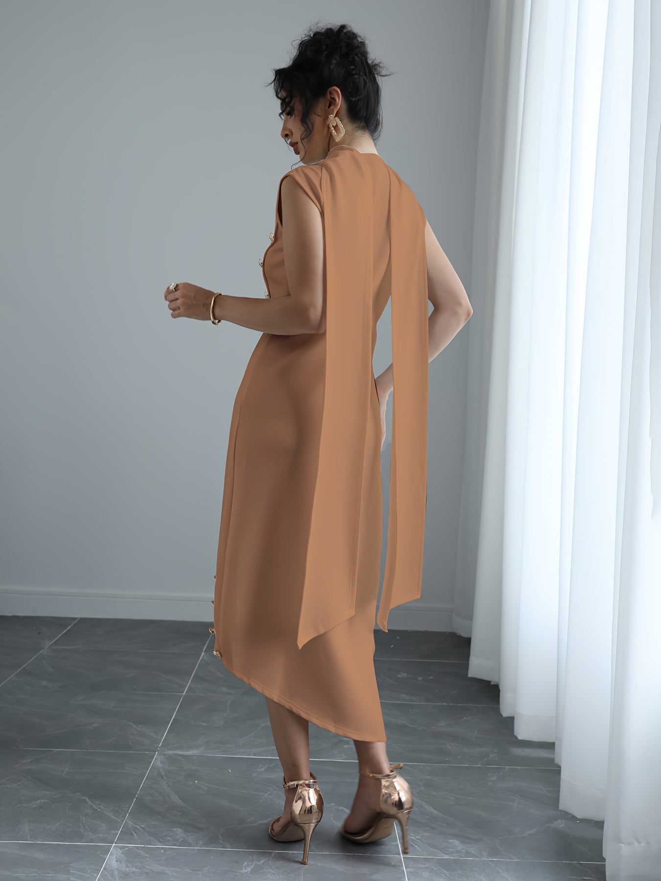Women'S Elegant High Neck Sleeveless Maxi Dress with Shawl Collar & Split Hem - Solid Color A-Line Silhouette, Floor-Length to Mid-Calf Length Adjustable Maxi Dress for Spring Summer Fall, Casual to Formal Events, Wrinkle-Resistant Fabric (No Lining) - Ve