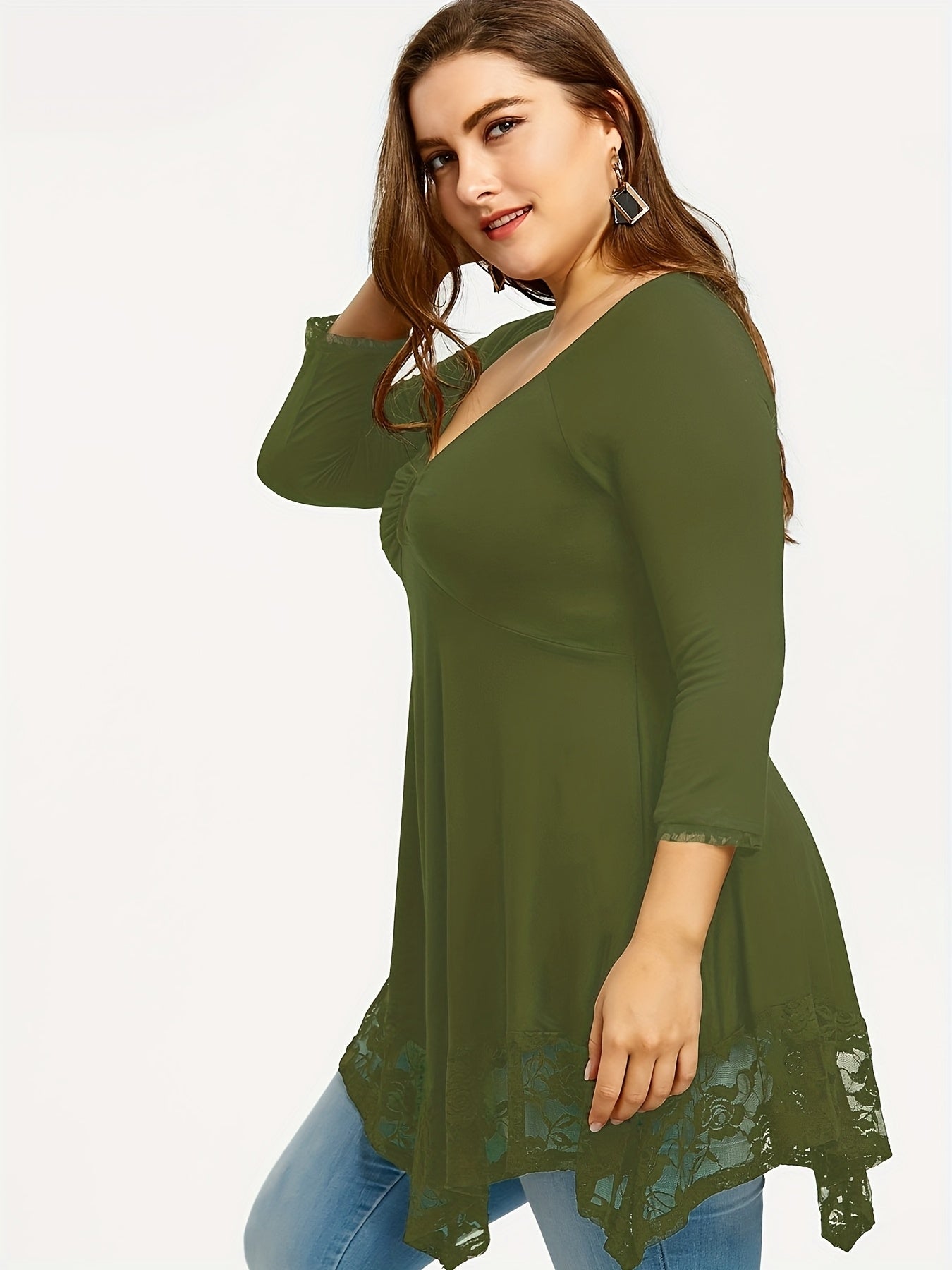 Plus Size - Plus Size - Floral Jacquard Lace Top in Plus Size - Stylish Contrast Edging, Round Neckline, Long Sleeves - Elegant Solid Tops for Curvy Women for Easy Fashion