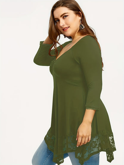 Plus Size - Plus Size - Floral Jacquard Lace Top in Plus Size - Stylish Contrast Edging, Round Neckline, Long Sleeves - Elegant Solid Tops for Curvy Women for Easy Fashion