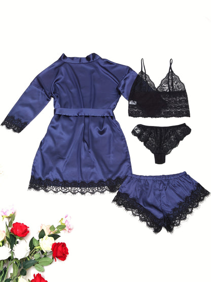 Women's Sleepwear, Home Clothes, Bathrobe 5pcs Set, Multi-color, No Pattern, Sexy, Solid Color, Contrasting Lace, No Lining, Belt, Adult Style, Comfortable and Breathable Fabric, Essential for Lovers to Save Money