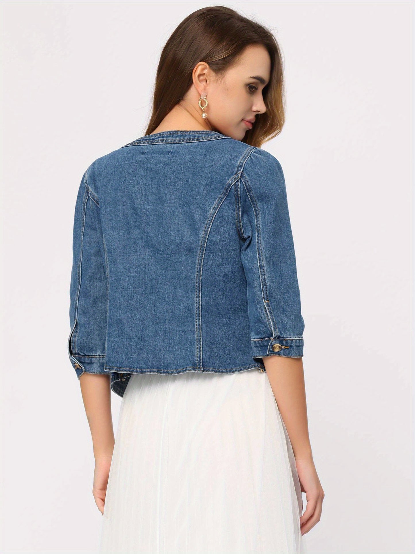 Denim Jacket for Women' S Collarless 2025 Cardigan 3/4 Sleeve Crop Jean Jackets