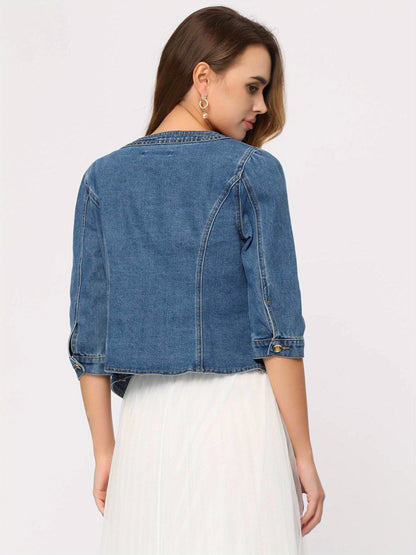 Denim Jacket for Women' S Collarless 2025 Cardigan 3/4 Sleeve Crop Jean Jackets