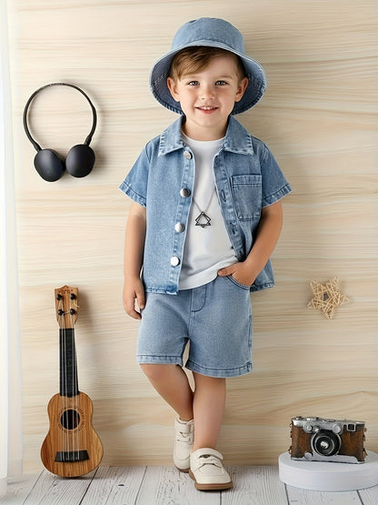 [Runs Large, Size 1 Size] Baby Boy 3pcs Summer Outfit Set, Soft Washed Denim Short Sleeve Lapel Jacket, Casual Denim Shorts And Matching Denim Bucket Hat, Daily Casual Clothes for 6-36 Months, Perfect for Outdoor