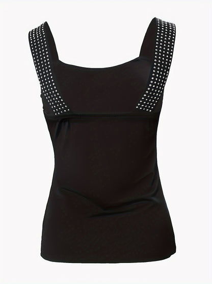 Rhinestone Wide Strap Backless Tank Top, Y2K Solid Sleeveless Tank Top for Summer, Women's Clothing