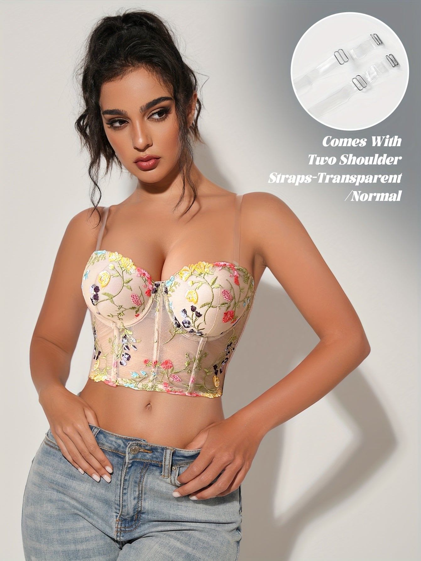 Elegant Floral Lace Push-Up Bra for Women - Underwire Support, Non-Removable Pads, Beige with Vibrant Floral Embroidery, Comfortable & Stylish Lingerie, Hand Wash Only, Durable Underwire