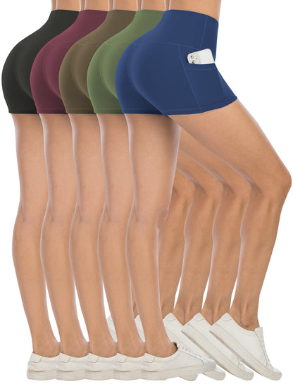 Set of 5 High-Waisted Biker Shorts for Women Featuring Pockets