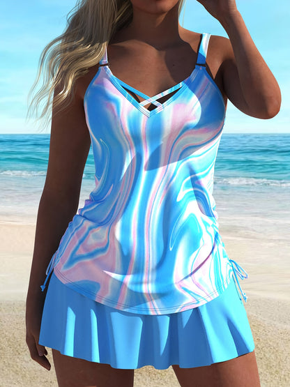 Fluid Print Criss Cross Ring 2pcs Set Tankini, High-Stretch Drawstring Comfy Swimsuits, Women'S Swimwear And Clothing
