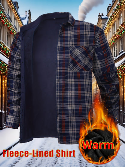 Men's Winter Flannel Plaid Shirt - Thick Warm Fleece-Lined Long Sleeve with Dual Chest Pockets, Casual Button-Up Collar for Cold Weather, Wrinkle-Resistant Soft Plaid Pattern in Navy/Red, Winter Clothes for Men, Mens Winter Clothes
