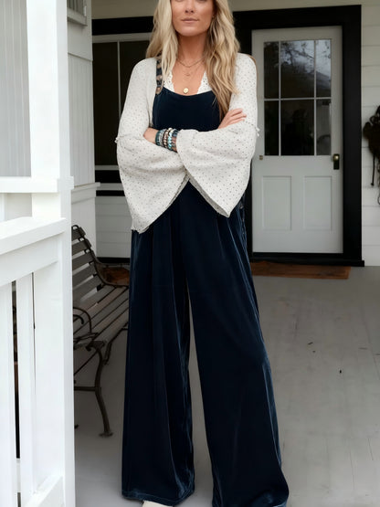 Four Seasons  Solid Velvet Overalls, Glossy Fabric Adjustable Buckle Wide Leg Pants Jumpsuit