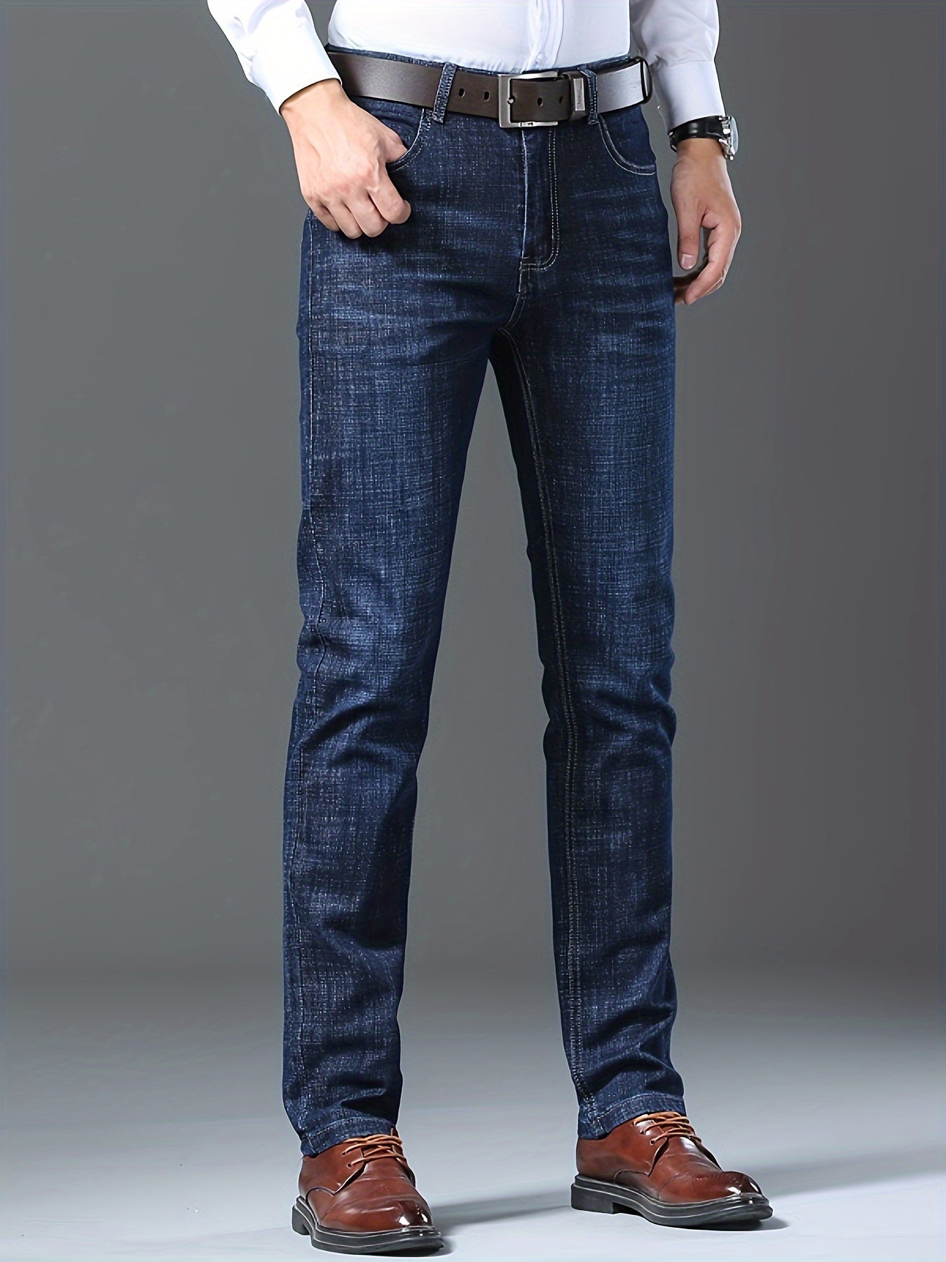 Four Seasons New High-Quality Men's Jeans High Elasticity China Style Business Straight-Leg Stretch Formal Long Pants No Belt