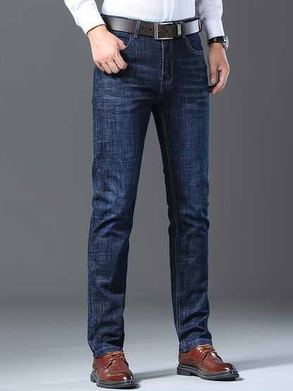 Four Seasons New High-Quality Men's Jeans High Elasticity China Style Business Straight-Leg Stretch Formal Long Pants No Belt