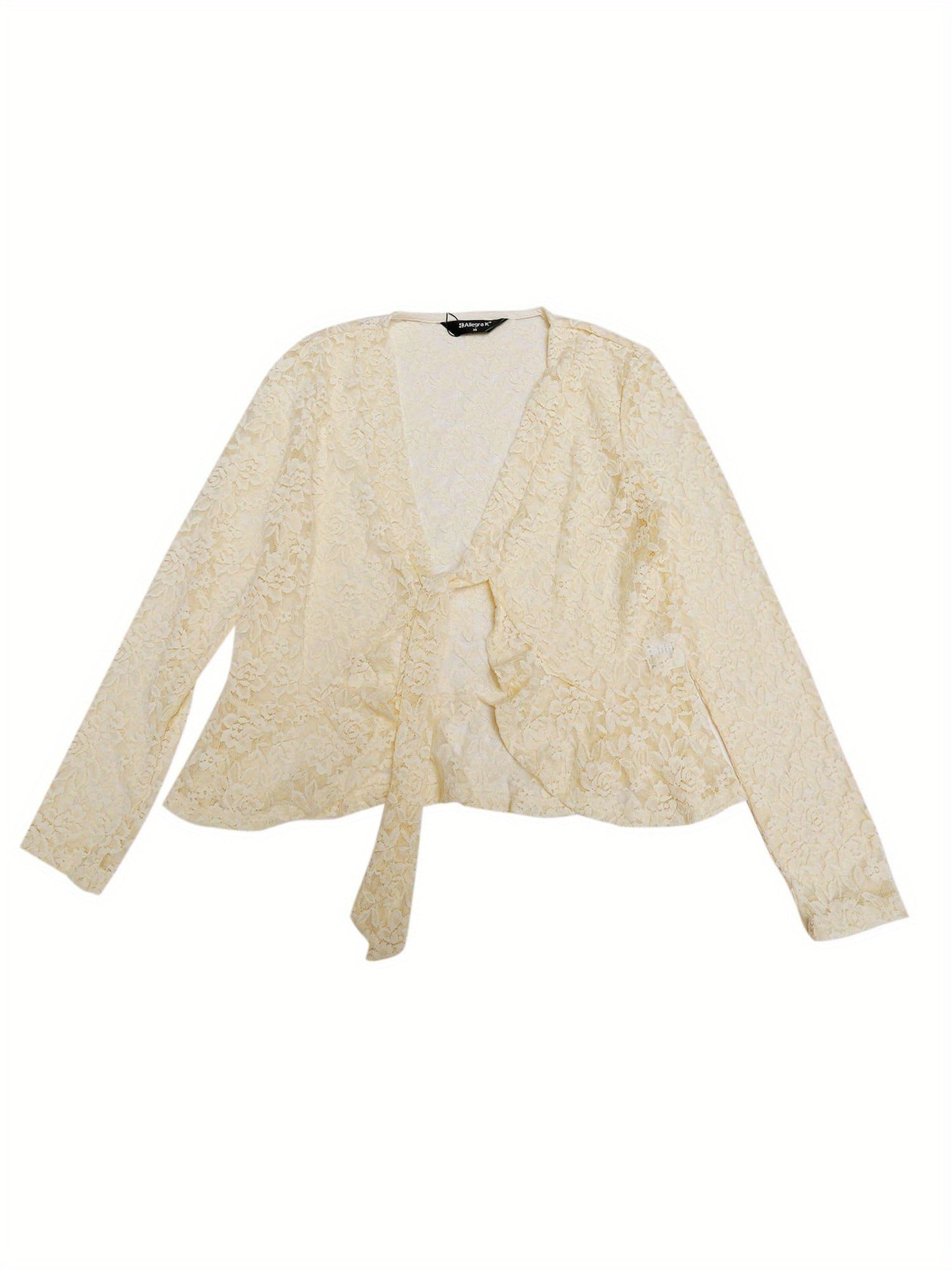 Women's Sheer Crop Bolero Cardigan - Semi-Sheer Lace Shrug with Ruffled Hem & Tie-Front Closure, Blouse for Sleeveless Dresses/Tank Tops (Machine Washable, Spring/Summer Wedding/Office/Cardigan) - 90% Nylon/10% Spandex