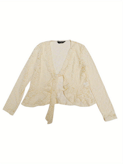 Women's Sheer Crop Bolero Cardigan - Semi-Sheer Lace Shrug with Ruffled Hem & Tie-Front Closure, Blouse for Sleeveless Dresses/Tank Tops (Machine Washable, Spring/Summer Wedding/Office/Cardigan) - 90% Nylon/10% Spandex