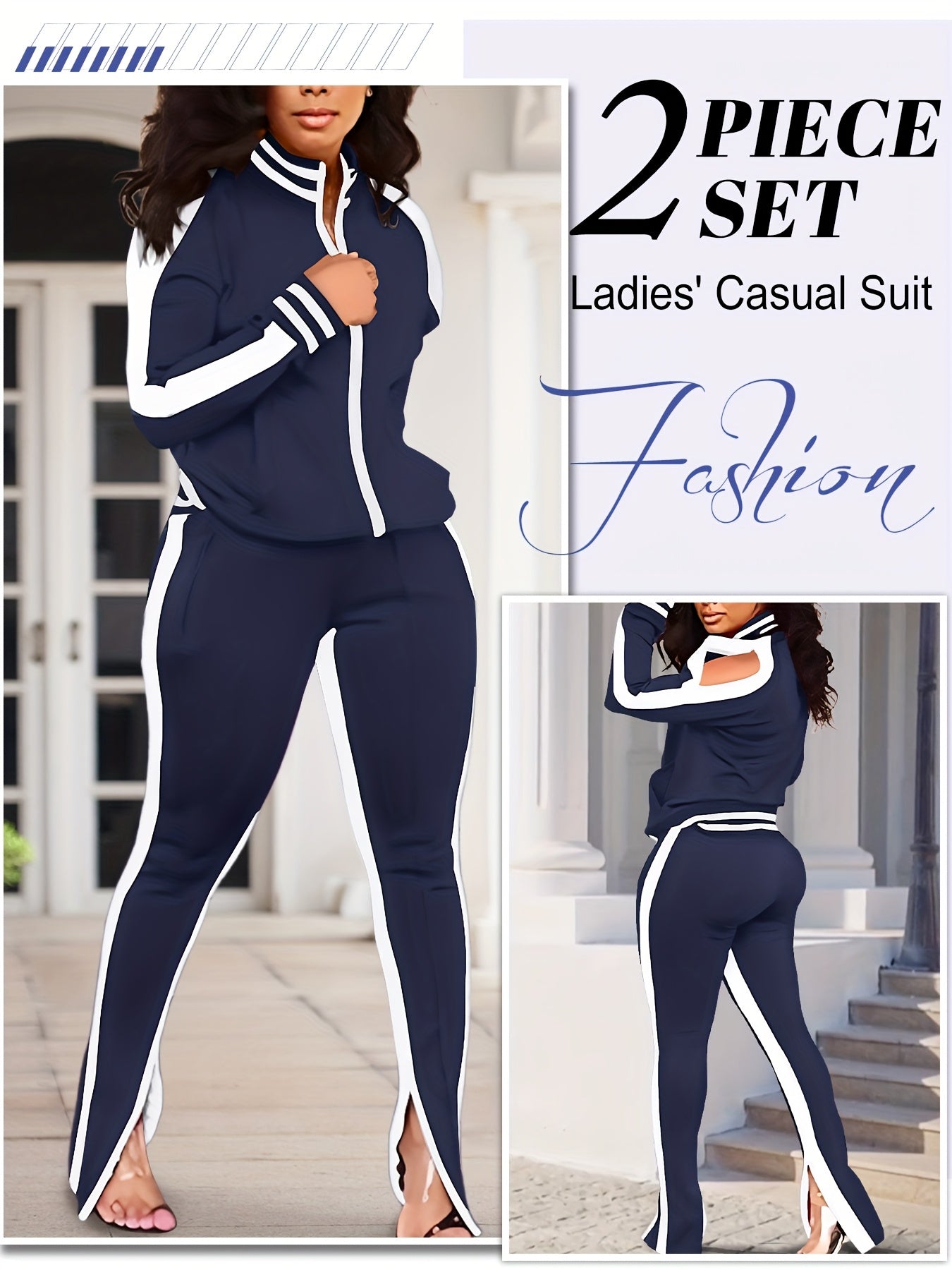 Women's 2pcs Athletic Tracksuit Set, Striped Contrast Shoulder Slit Top & Zipper Hem Sporty Pants, Activewear Lounge Set