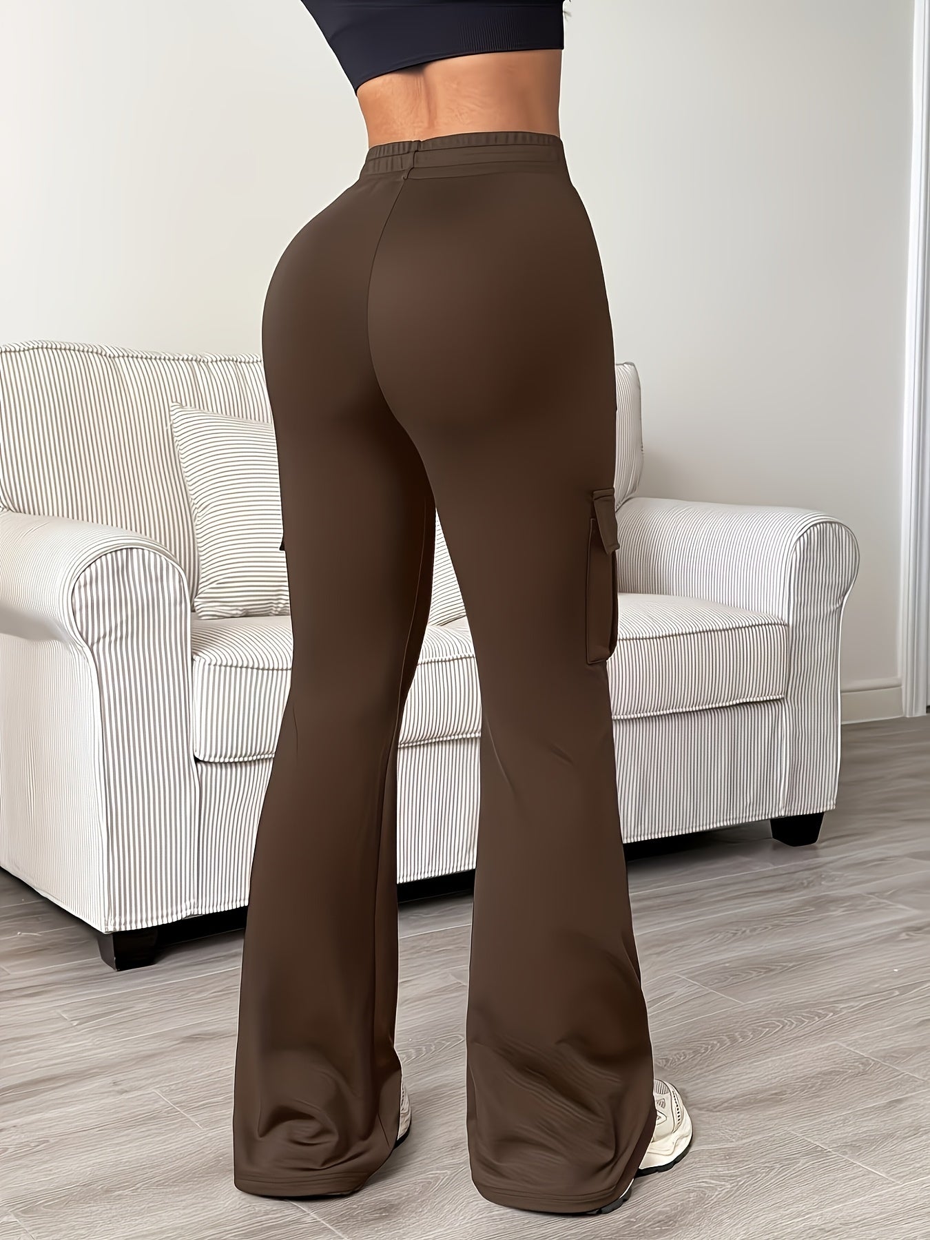 Women'S Functional Flare Cargo Pants, High Waist Elastic Drawstring Bootcut Leggings With Multi-Pockets, Stretchy All-Purpose & Casual Pants