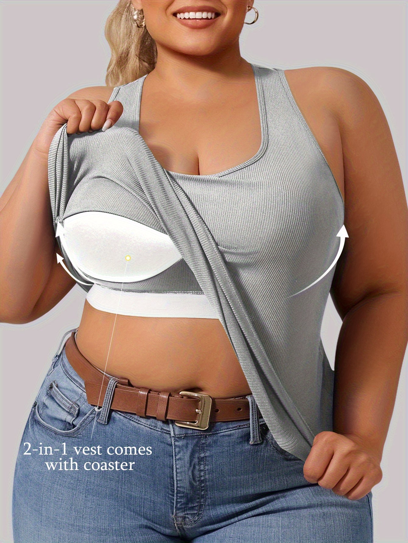 Plus Size - Plus Size - Plus-Size Women'S Spring Summer Fall Vest 2-In-1 Vest with Coaster I-Back Rib Casual Base Vest
